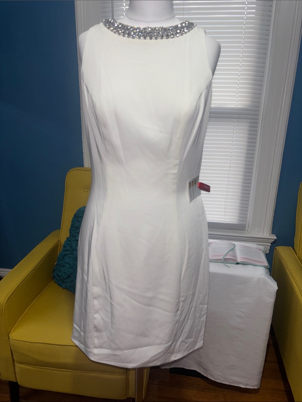 Beaded-Neck White Mini Dress